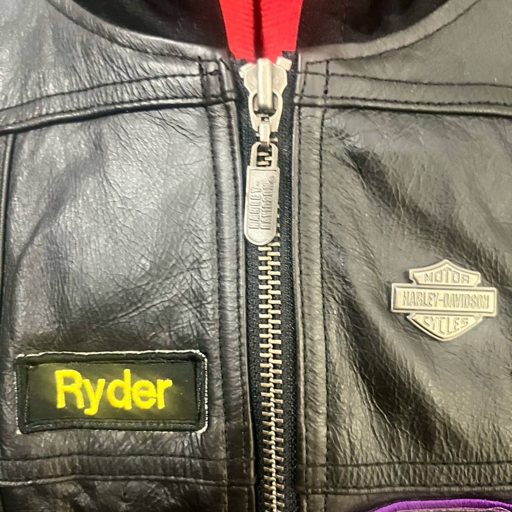 Harley-Davidson Black Leather Hoodie Vest with Colorful Patches Womens Small - Picture 8 of 10